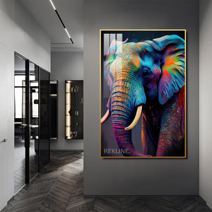 Vibrant Elephant Canvas Wall Art | Modern Painting with Remote & Plug | Led Canvas in Gold/Black Alloy Frame | 100 × 150 cm | By REKLINE