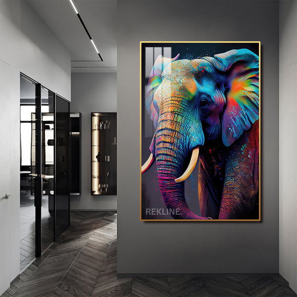 Vibrant Elephant Canvas Wall Art | Modern Painting with Remote & Plug | Led Canvas in Gold/Black Alloy Frame | 100 × 150 cm | By REKLINE