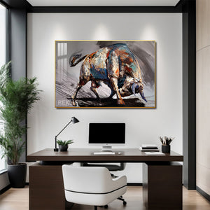 Abstract Bull Painting | LED Canvas 150×100 cm | LED-Illuminated Crystal-Porcelain Painting, Gold/Black Frame | By REKLINE