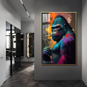 Gorilla Painting Wall Art | LED Canvas with Remote-Controller in Gold/Black Alloy Frame | 100 × 150 cm | By REKLINE