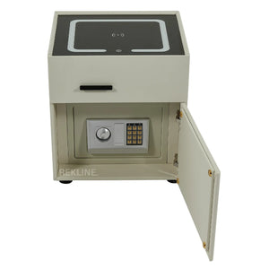 Small Off-White 2 Drawer Bedside Table With Lights LED & Hidden Safety Box | Square Table Glass Top & Built-in Wireless Charger | Bluetooth Modern Nightstand + USBc + Speakers  | California