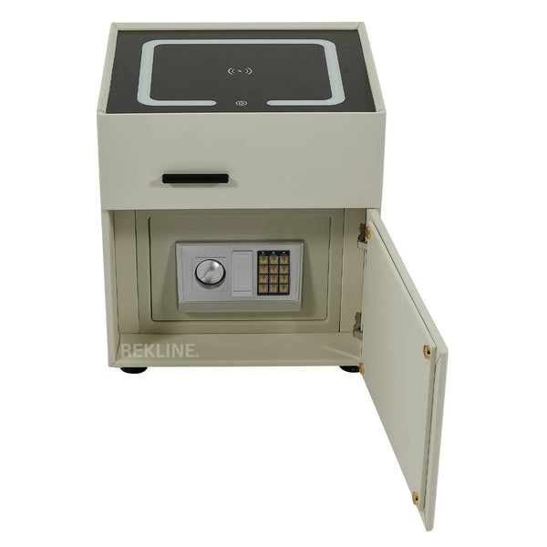 Small Off-White 2 Drawer Bedside Table With Lights LED & Hidden Safety Box | Square Table Glass Top & Built-in Wireless Charger | Bluetooth Modern Nightstand + USBc + Speakers  | California