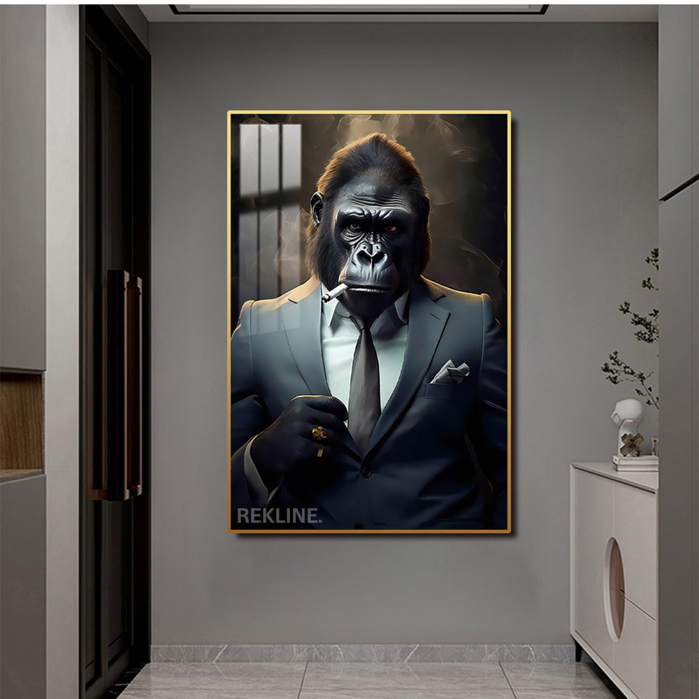 Smoking gorilla in suit painting, LED-lit crystal-porcelain canvas, 100×150 cm.