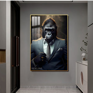 Smoking Gorilla King LED Canvas | Wall Art Painting in Gold/Black Frame Gorilla Portrait Wall Art, LED-Lit Crystal-Porcelain Painting | 100×150 cm | By REKLINE