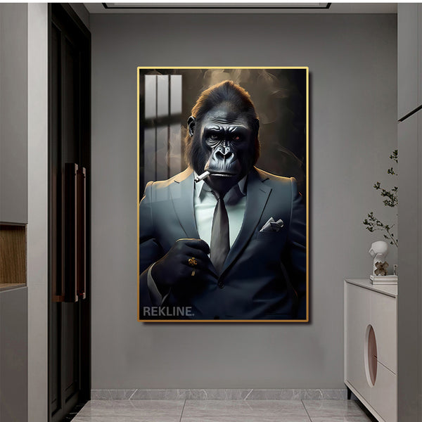 Smoking Gorilla King LED Canvas | Wall Art Painting in Gold/Black Frame Gorilla Portrait Wall Art, LED-Lit Crystal-Porcelain Painting | 100×150 cm | By REKLINE