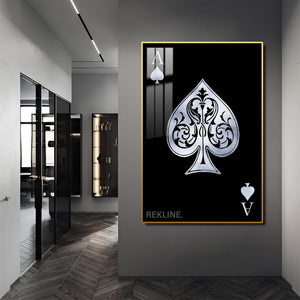 Ace of Spades Wall Art | LED-Illuminated Playing Card 100×150cm Canvas with Glow Frame in Black Or Gold | By REKLINE