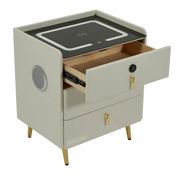 Small Off-White 3 Drawer Faux Leather Bedside Table With Lights LED & Fingerprint Lock | Square Table Glass Top & Built-in Wireless Charger | Bluetooth Modern Nightstand + USBc + Speakers  | California
