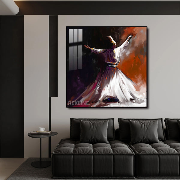 Sufi Whirling Dervish Islamic Wall Art | LED Wall Art in Gold/Black Alloy Frame | 100 × 100 cm | By REKLINE