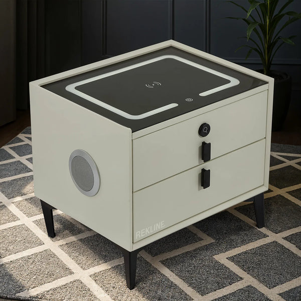Small Off-White 2 Drawer Bedside Table With Lights LED & Fingerprint Lock | Table Glass Top with Built-in Wireless Charger & BT Speakers | Modern Nightstand + USBc | Miami
