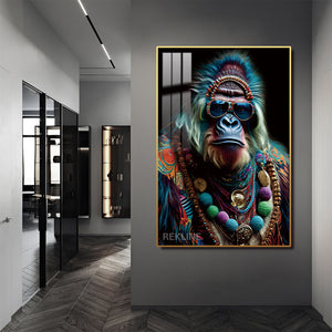 Gorilla Painting Canvas Wall Art | LED Canvas in Gold/Black Alloy Frame | 100 × 150 cm Large Canvas | By REKLINE