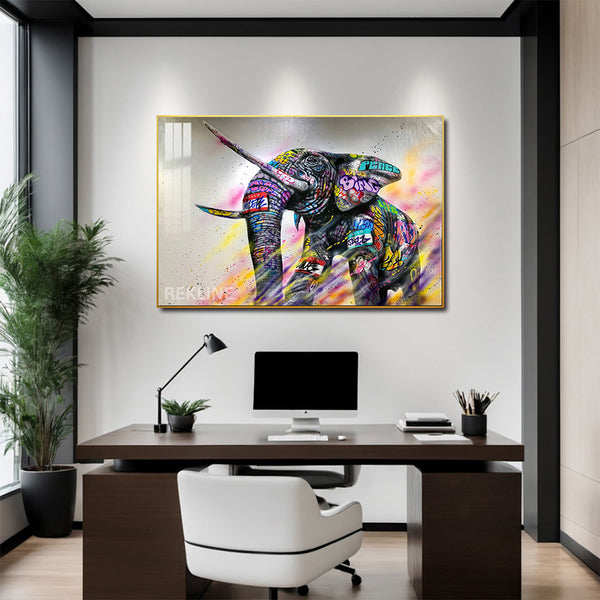 Elephant Wall Painting | Horizontal LED Canvas in Gold/Black Alloy Frame | 150 × 100 cm XL Canvas | By REKLINE