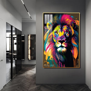 Colourful Lion LED Canvas | 100×150 cm LED-Illuminated Crystal-Porcelain Lion Painting, Gold/Black Frame | By REKLINE