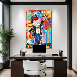 Monopoly Man LED Canvas | The World Is Yours | 100×150 cm LED-Illuminated Crystal-Porcelain Painting, Gold/Black Frame | By REKLINE