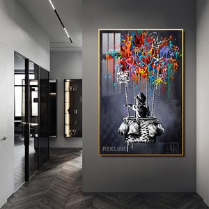 Dream Balloon LED Canvas | 100×150 cm LED-Illuminated Crystal-Porcelain Painting | Gold/Black Frame | By REKLINE