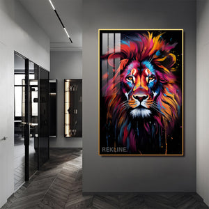Lion Wall Art | Colourful LED Canvas with Gold or Black Frame | 100×150 cm Designed for Contemporary Interiors | By REKLINE