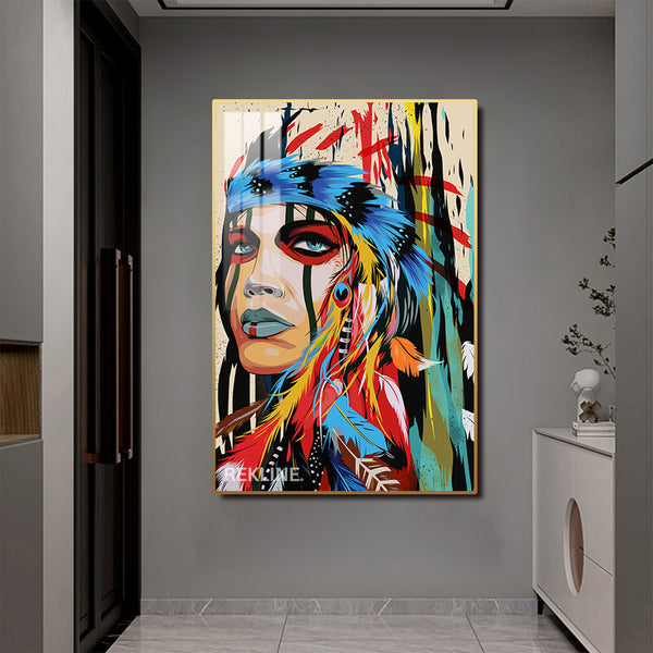 Native American Portrait LED Canvas | Colourful Feather-Headdress in Gold/Black Alloy Frame, Remote & Plug | 100 × 150 cm | By REKLINE