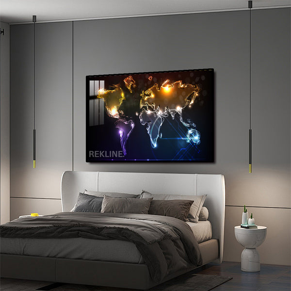 Illuminated World Map LED Canvas | Horizontal World Map Painting 100×150 cm | LED-Illuminated Crystal-Porcelain World Map Painting, Gold/Black Frame | By REKLINE