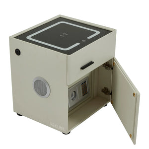 Small Off-White 2 Drawer Bedside Table With Lights LED & Hidden Safety Box | Square Table Glass Top & Built-in Wireless Charger | Bluetooth Modern Nightstand + USBc + Speakers  | California