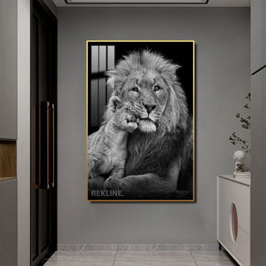 Black & White Lion Prints | LED Canvas with Remote in Gold/Black Alloy Frame, Crystal-Porcelain Gloss | 100 × 150 cm XL Canvas | By REKLINE