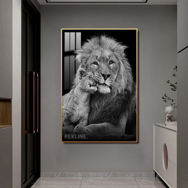 Black & White Lion Prints | LED Canvas with Remote in Gold/Black Alloy Frame, Crystal-Porcelain Gloss | 100 × 150 cm XL Canvas | By REKLINE