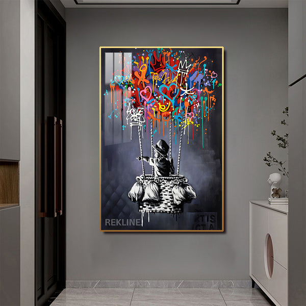 Dream Balloon LED Canvas | 100×150 cm LED-Illuminated Crystal-Porcelain Painting | Gold/Black Frame | By REKLINE