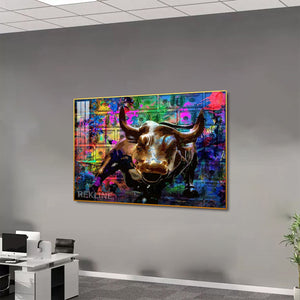 Abstract Bull LED Canvas | Abstract Painting Original Horizontal 150×100 cm Colorful Bull Wall Art | LED-Lit Crystal-Porcelain Painting, Gold/Black Frame | By REKLINE