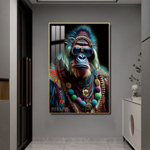 Gorilla Painting Canvas Wall Art | LED Canvas in Gold/Black Alloy Frame | 100 × 150 cm Large Canvas | By REKLINE