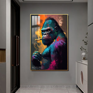 Gorilla Painting Wall Art | LED Canvas with Remote-Controller in Gold/Black Alloy Frame | 100 × 150 cm | By REKLINE