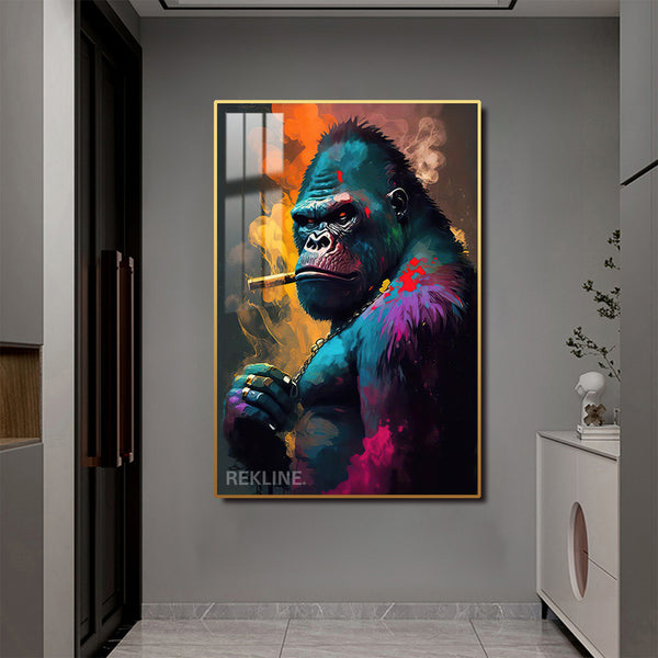 Gorilla Painting Wall Art | LED Canvas with Remote-Controller in Gold/Black Alloy Frame | 100 × 150 cm | By REKLINE