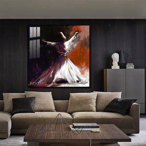 Sufi Whirling Dervish Islamic Wall Art | LED Wall Art in Gold/Black Alloy Frame | 100 × 100 cm | By REKLINE