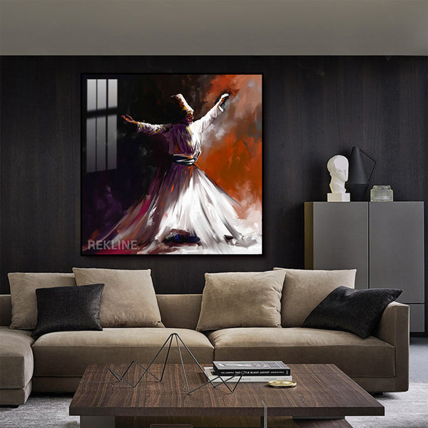 Sufi Whirling Dervish Islamic Wall Art | LED Wall Art in Gold/Black Alloy Frame | 100 × 100 cm | By REKLINE