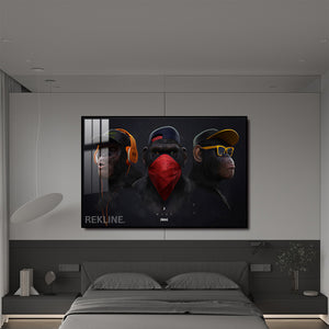 Urban Chimpanzee LED Canvas | colourful Monkey Horizontal 150×100 cm | Trio Chimp Painting, LED-Lit Crystal-Porcelain Art, Gold/Black Frame | By REKLINE