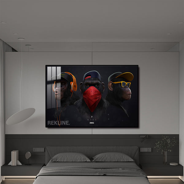 Urban Chimpanzee LED Canvas | colourful Monkey Horizontal 150×100 cm | Trio Chimp Painting, LED-Lit Crystal-Porcelain Art, Gold/Black Frame | By REKLINE