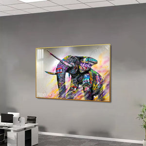 Elephant Wall Painting | Horizontal LED Canvas in Gold/Black Alloy Frame | 150 × 100 cm XL Canvas | By REKLINE