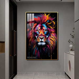 Lion Wall Art | Colourful LED Canvas with Gold or Black Frame | 100×150 cm Designed for Contemporary Interiors | By REKLINE