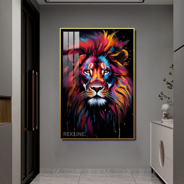 Lion Wall Art | Colourful LED Canvas with Gold or Black Frame | 100×150 cm Designed for Contemporary Interiors | By REKLINE