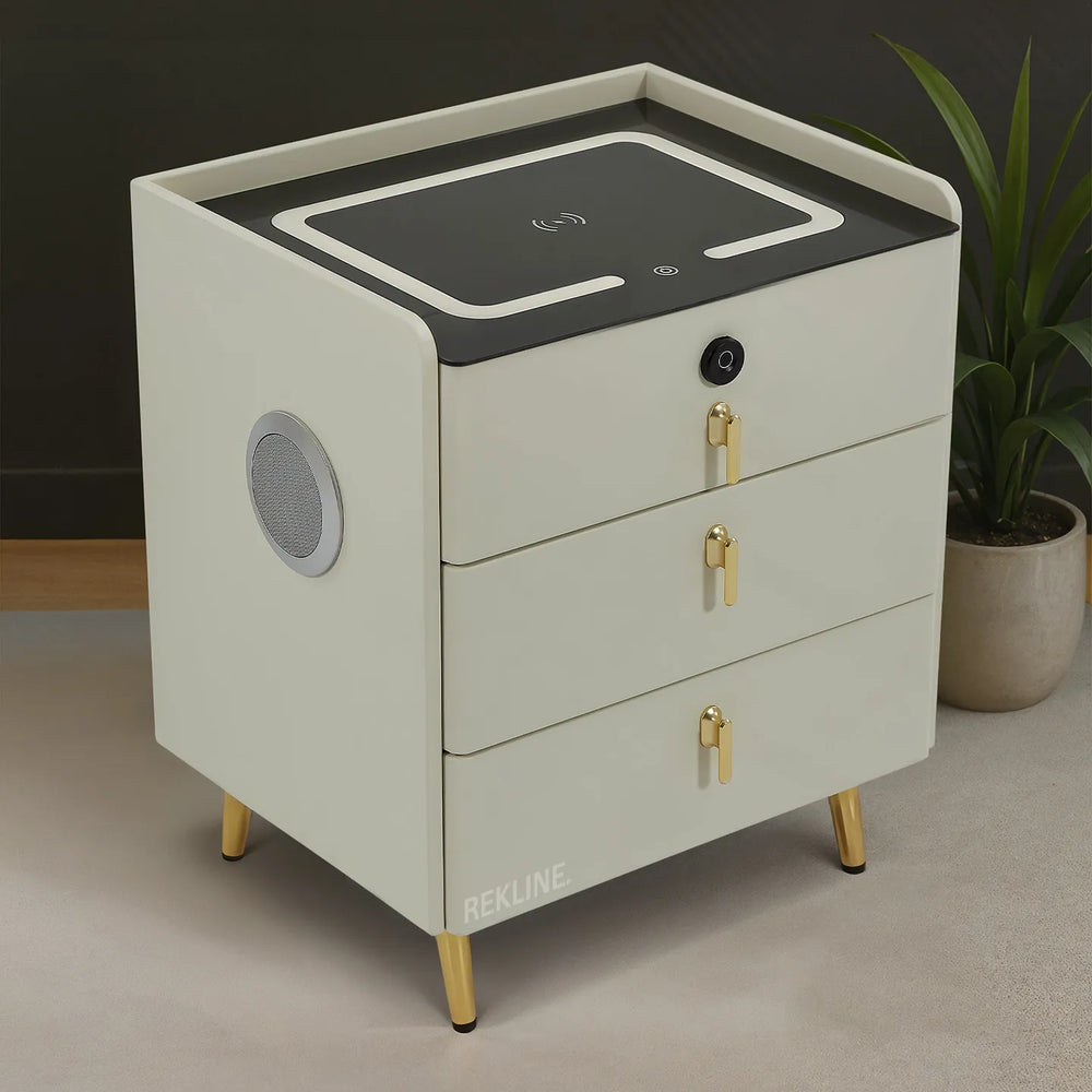 White 3-drawer bedside table with LED ring light, wireless charging pad, USB ports, Bluetooth speaker, and fingerprint lock