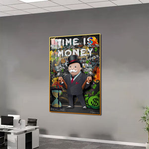 Time Is Money Monopoly-Inspired LED Canvas | 100×150 cm Money Wall Art, LED-Lit Crystal-Porcelain Painting, Gold/Black Frame | By REKLINE