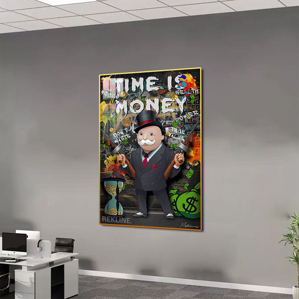 Time Is Money Monopoly-Inspired LED Canvas | 100×150 cm Money Wall Art, LED-Lit Crystal-Porcelain Painting, Gold/Black Frame | By REKLINE