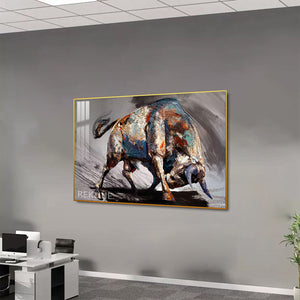 Abstract Bull Painting | LED Canvas 150×100 cm | LED-Illuminated Crystal-Porcelain Painting, Gold/Black Frame | By REKLINE