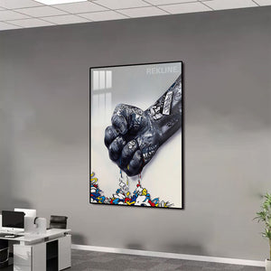 Graffiti Fist LED Canvas | 100×150 cm Urban Street Art, LED-Illuminated Crystal-Porcelain Painting, Gold/Black Frame |By REKLINE
