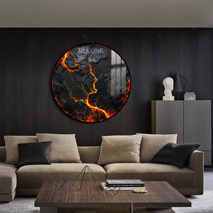 Volcanic Wall Art | 100 cm Round LED Canvas in Gold or Black Frame | Lava-Inspired Feature Piece with Gloss Finish | By REKLINE
