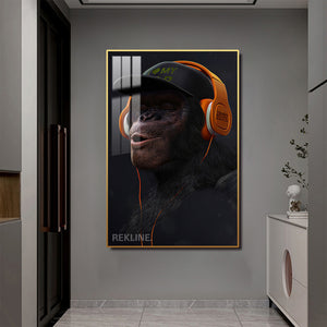 Monkey With Headphones Wall Art | LED Wall Art in Gold/Black Alloy Frame | 100 × 150 cm Large Canvas | By REKLINE