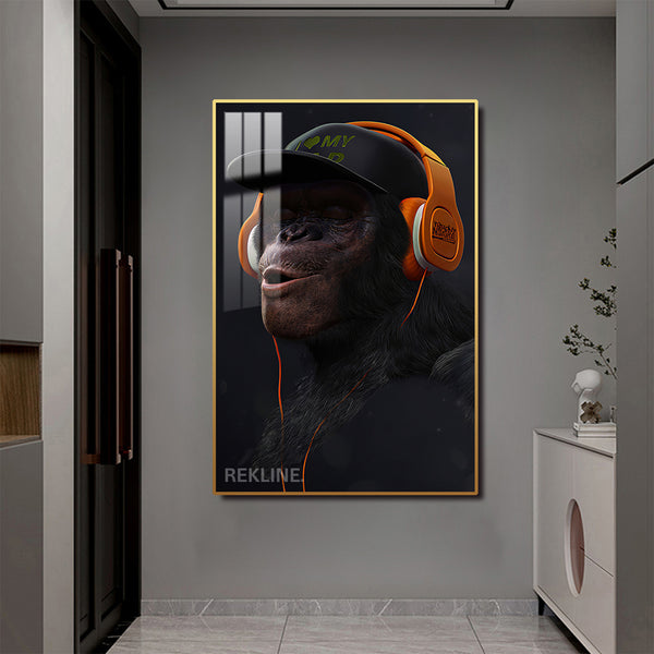Monkey With Headphones Wall Art | LED Wall Art in Gold/Black Alloy Frame | 100 × 150 cm Large Canvas | By REKLINE