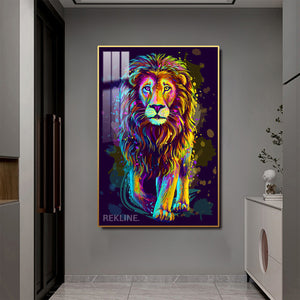 Colourful Lion LED Canvas Painting | Remote & Plug, Gold/Black Alloy Frame | Large 100 × 150 cm Vertical Pains | by REKLINE