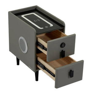 Narrow 2 Drawer Bedside Table With Lights LED & Fingerprint Lock | Table Glass Top with Built-in Wireless Charger & BT Speakers | Modern Nightstand + USBc | Phoenix