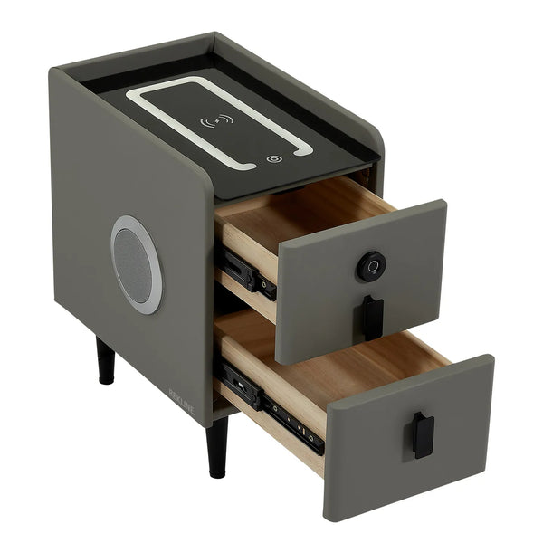 Narrow 2 Drawer Bedside Table With Lights LED & Fingerprint Lock | Table Glass Top with Built-in Wireless Charger & BT Speakers | Modern Nightstand + USBc | Phoenix