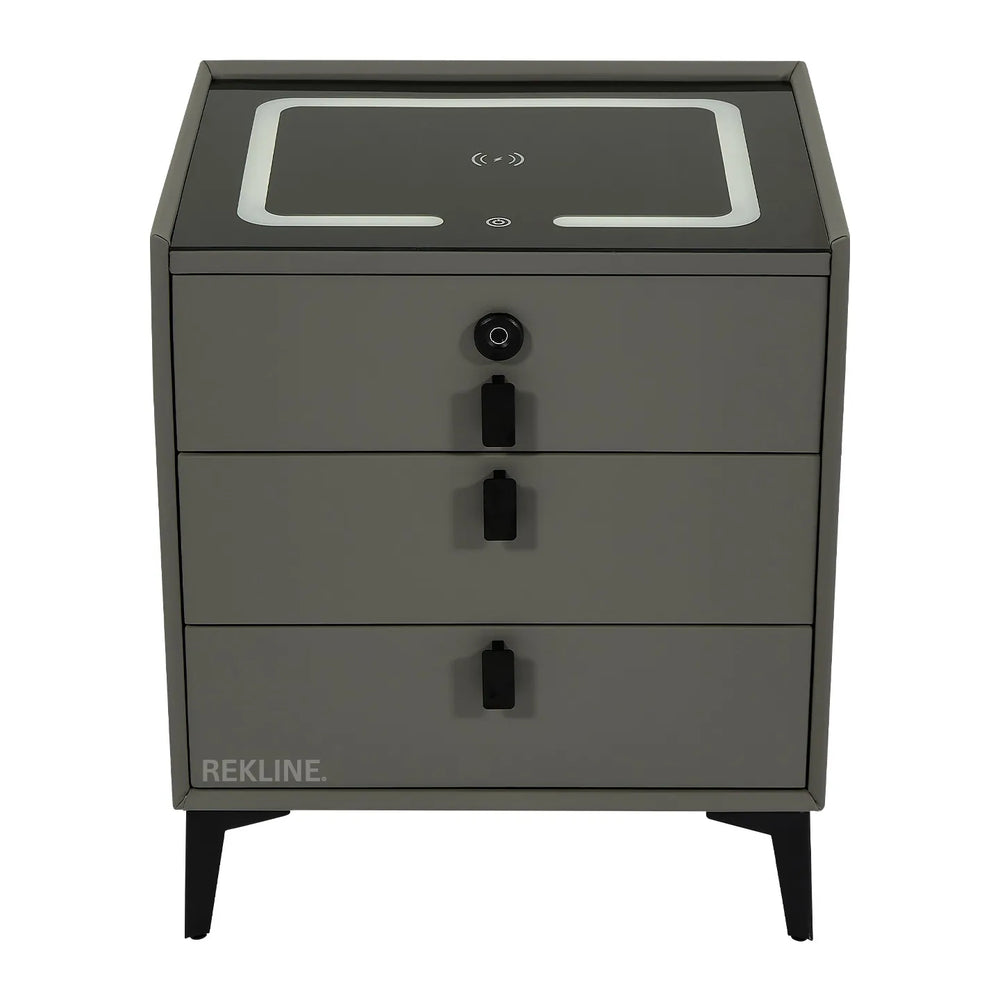 Small Grey 3 Drawer Faux Leather Bedside Table With Lights LED & Fingerprint Lock | Round Table Glass Top & Built-in Wireless Charger | Bluetooth Modern Nightstand + USBc & Speakers  | Florida