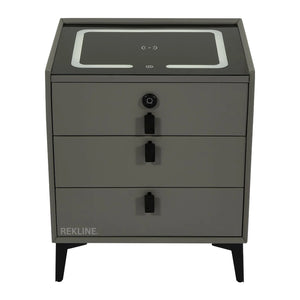 Small Grey 3 Drawer Faux Leather Bedside Table With Lights LED & Fingerprint Lock | Round Table Glass Top & Built-in Wireless Charger | Bluetooth Modern Nightstand + USBc & Speakers  | Florida