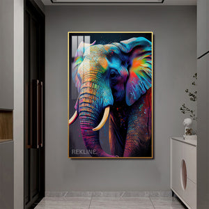 Vibrant Elephant Canvas Wall Art | Modern Painting with Remote & Plug | Led Canvas in Gold/Black Alloy Frame | 100 × 150 cm | By REKLINE